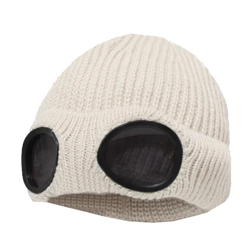 Unisex Winter Knitted Hat with Detachable Goggles mm984beige by HitMyNeed