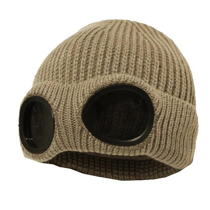 Unisex Winter Knitted Hat with Detachable Goggles mm984khaki by HitMyNeed