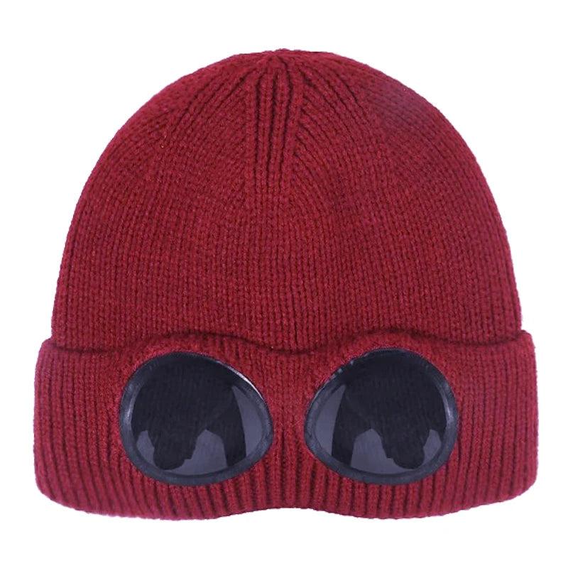 Unisex Winter Knitted Hat with Detachable Goggles mm984wine-red by HitMyNeed