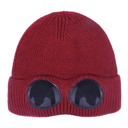 Unisex Winter Knitted Hat with Detachable Goggles mm984wine-red by HitMyNeed
