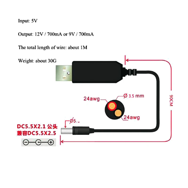 USB 5V to 9V / 12V Step-Up Power Converter Cable by HitMyNeed