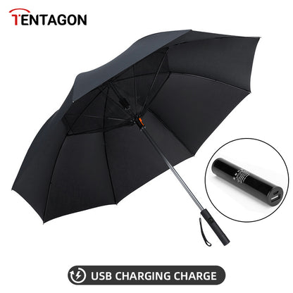 USB Rechargeable Fan Golf Umbrella with UV Protection black by HitMyNeed