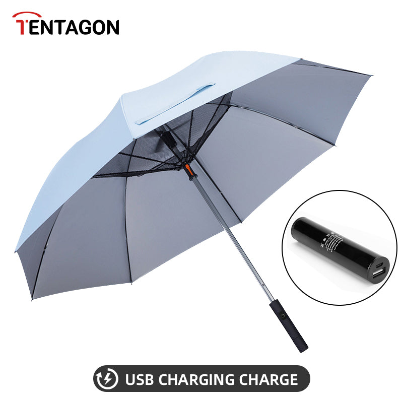 USB Rechargeable Fan Golf Umbrella with UV Protection blue by HitMyNeed
