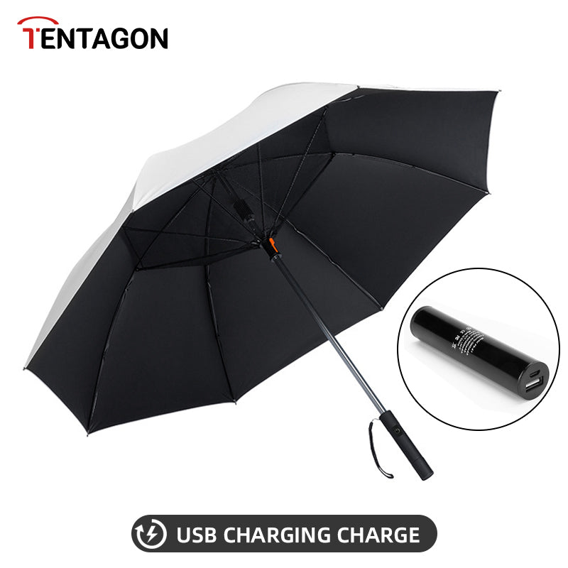 USB Rechargeable Fan Golf Umbrella with UV Protection white by HitMyNeed