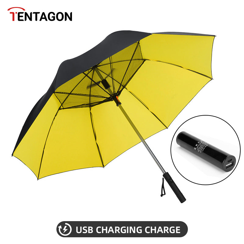 USB Rechargeable Fan Golf Umbrella with UV Protection yellow by HitMyNeed