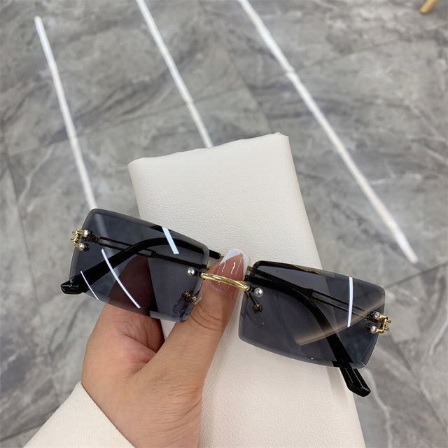 Vintage Rimless Rectangle Gradient Sunglasses Women blue by HitMyNeed
