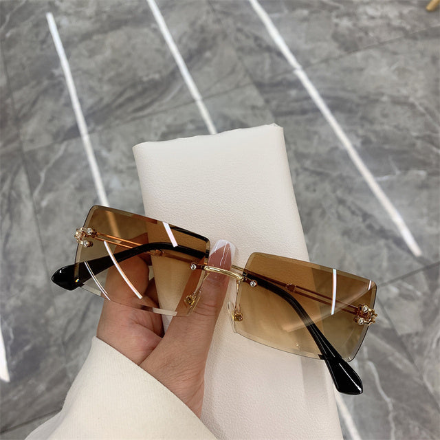 Vintage Rimless Rectangle Gradient Sunglasses Women brown by HitMyNeed