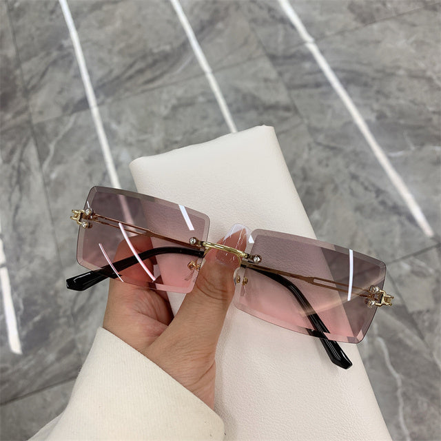 Vintage Rimless Rectangle Gradient Sunglasses Women pink by HitMyNeed