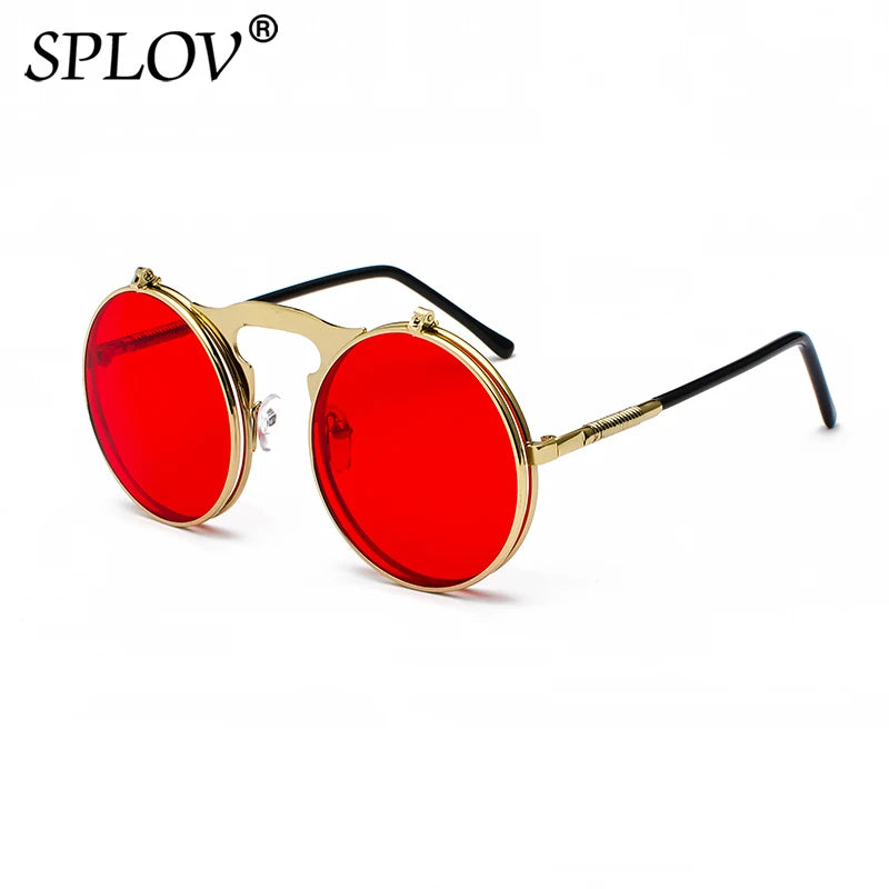 Vintage Steampunk Flip Round Metal Sunglasses c10goldred by HitMyNeed