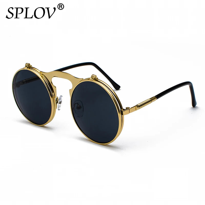 Vintage Steampunk Flip Round Metal Sunglasses c1goldblackgrey by HitMyNeed