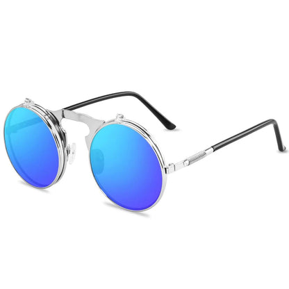 Vintage Steampunk Flip Round Metal Sunglasses c4silverblue by HitMyNeed