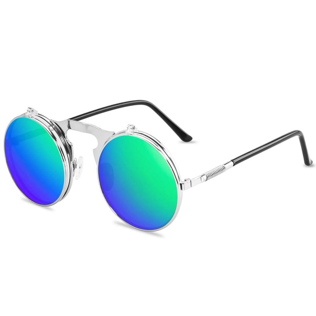Vintage Steampunk Flip Round Metal Sunglasses c6silvergreen by HitMyNeed