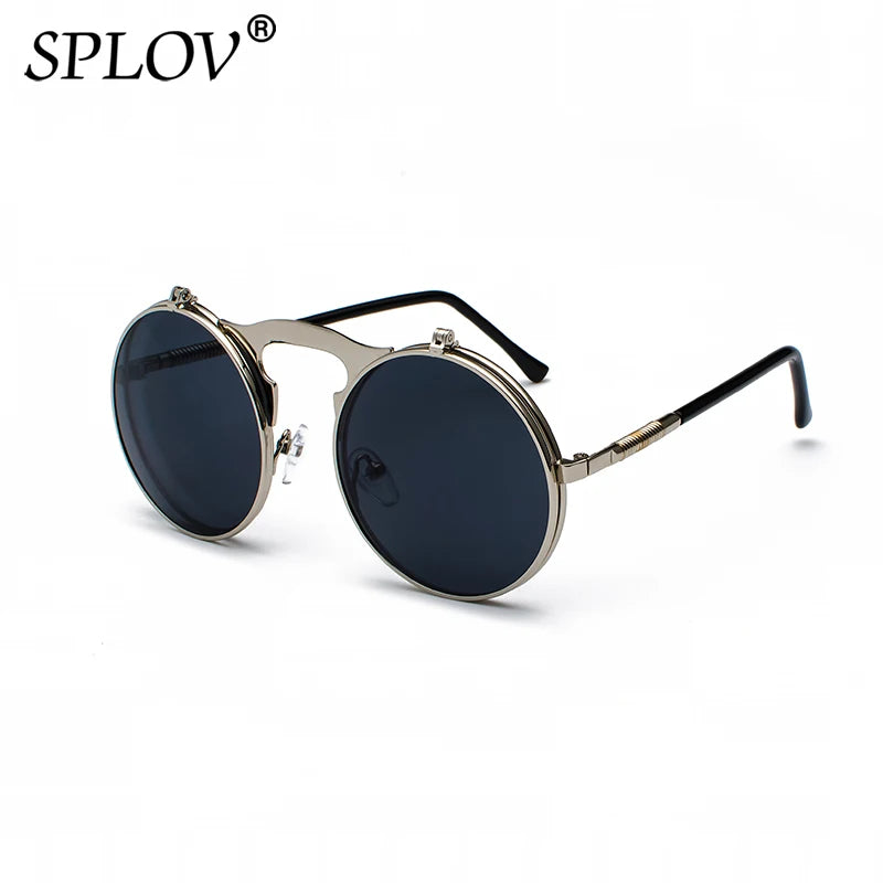 Vintage Steampunk Flip Round Metal Sunglasses c7silvergrey by HitMyNeed