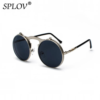 Vintage Steampunk Flip Round Metal Sunglasses c7silvergrey by HitMyNeed