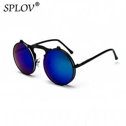 Vintage Steampunk Flip Round Metal Sunglasses c8blackbluegreen by HitMyNeed