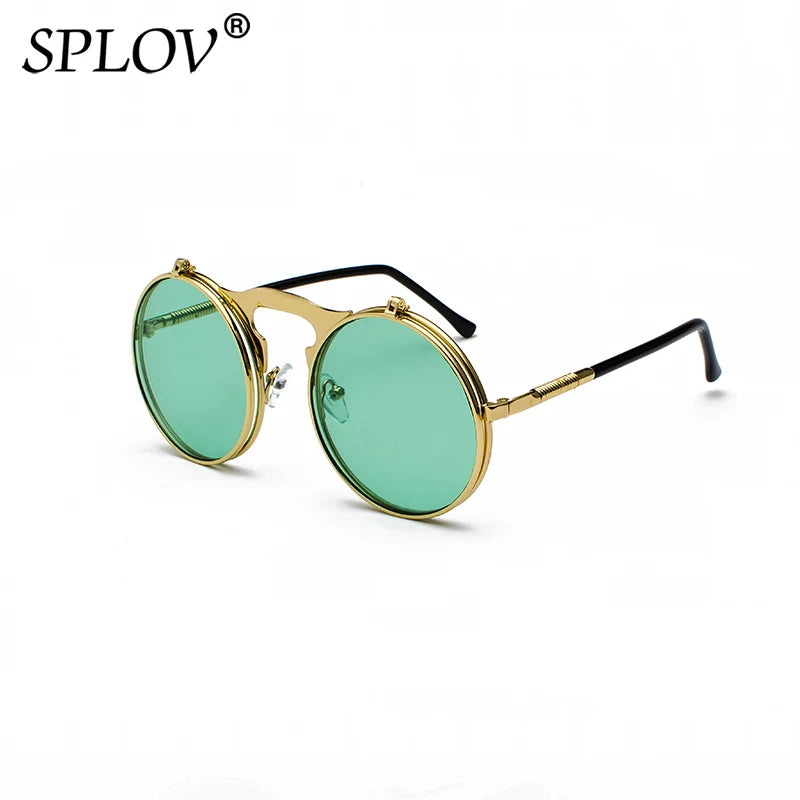 Vintage Steampunk Flip Round Metal Sunglasses c9goldgreen by HitMyNeed