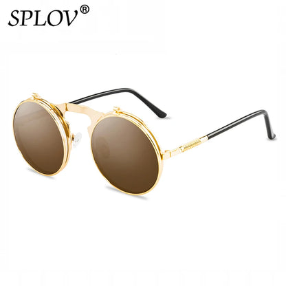Vintage Steampunk Flip Round Metal Sunglasses gold-tea by HitMyNeed