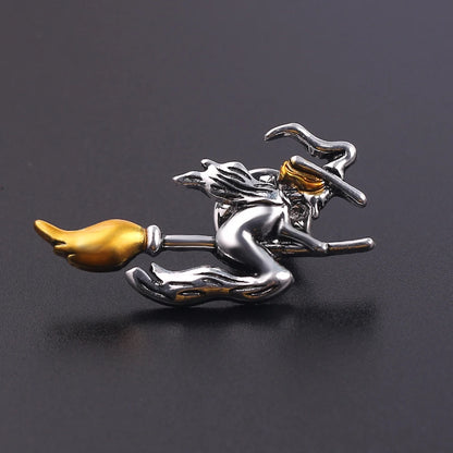 Vintage Witch on Broom Metal Brooch Pin by HitMyNeed