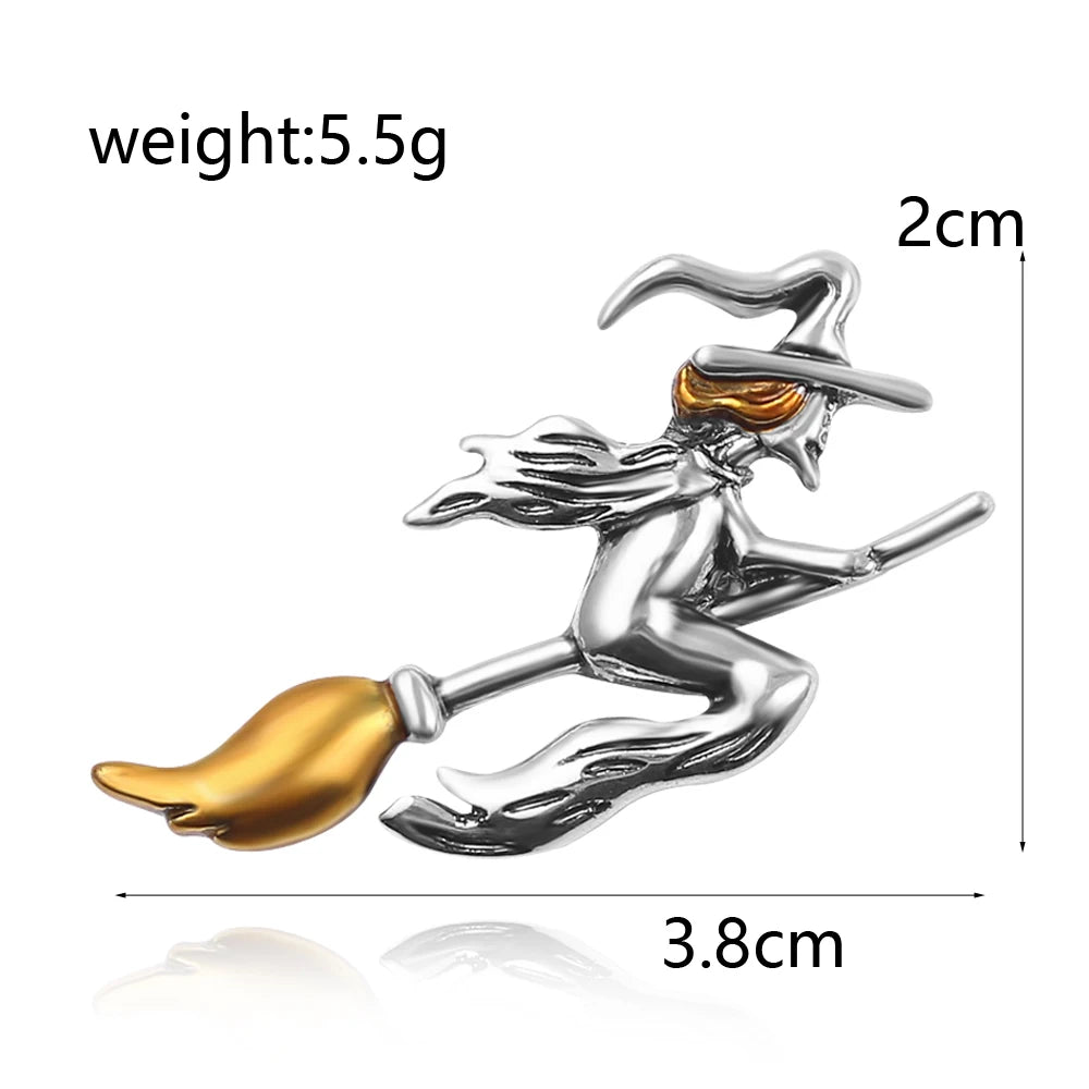 Vintage Witch on Broom Metal Brooch Pin by HitMyNeed