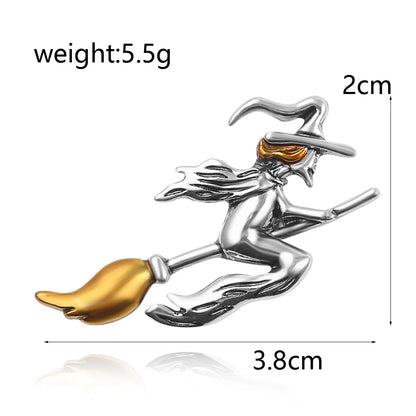 Vintage Witch on Broom Metal Brooch Pin by HitMyNeed