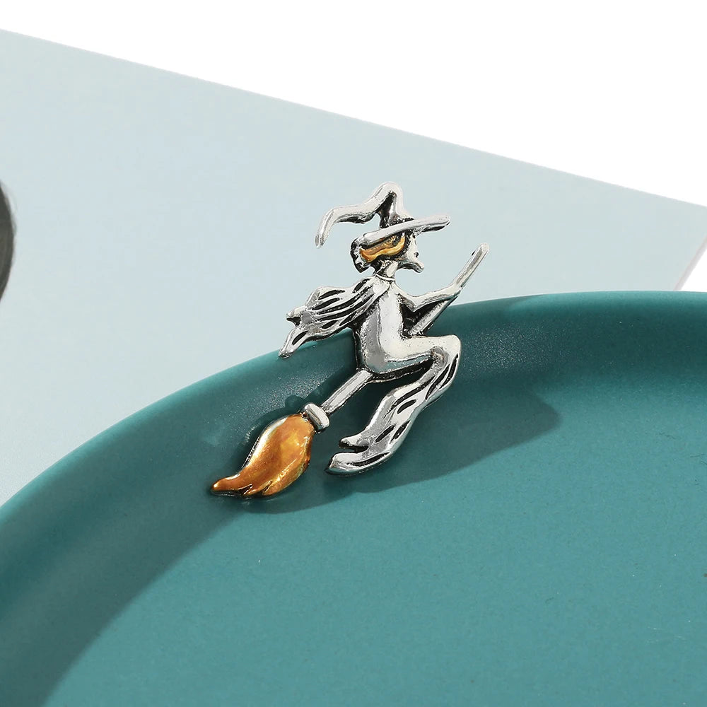 Vintage Witch on Broom Metal Brooch Pin by HitMyNeed
