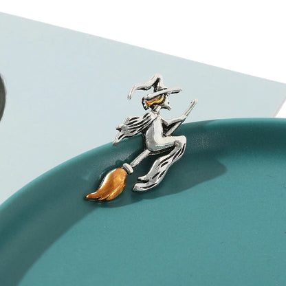 Vintage Witch on Broom Metal Brooch Pin by HitMyNeed