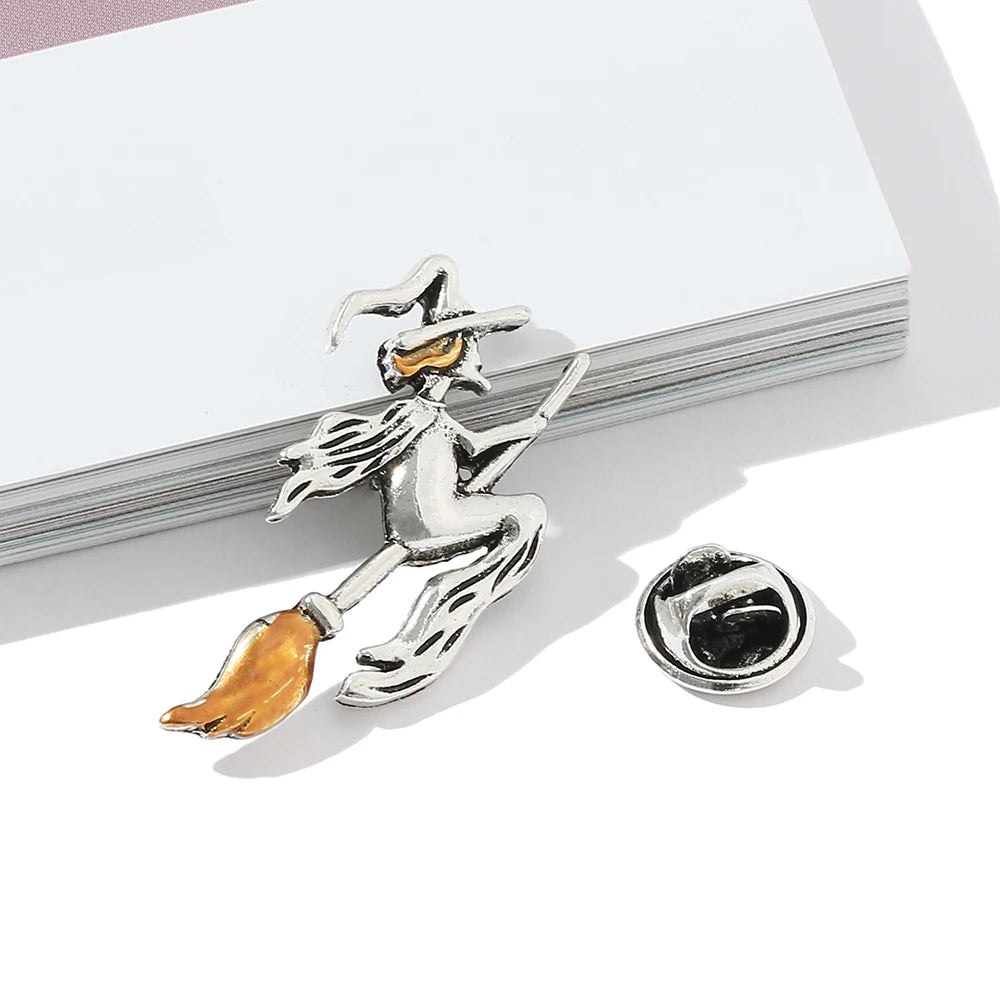 Vintage Witch on Broom Metal Brooch Pin by HitMyNeed