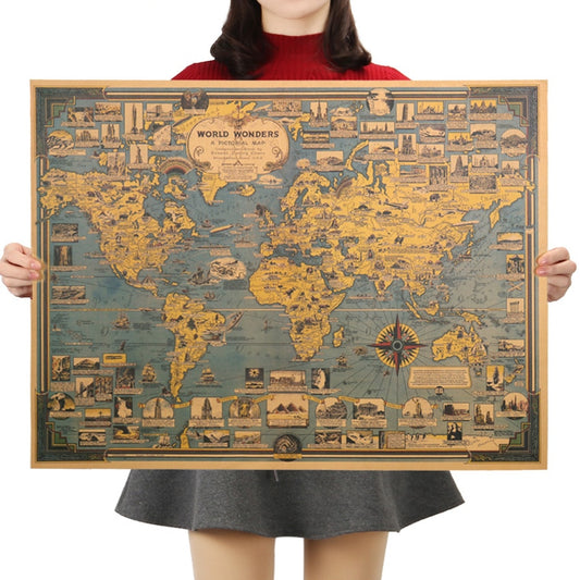 Vintage World Map Landmark Art Poster 68.5x51.5cm by HitMyNeed