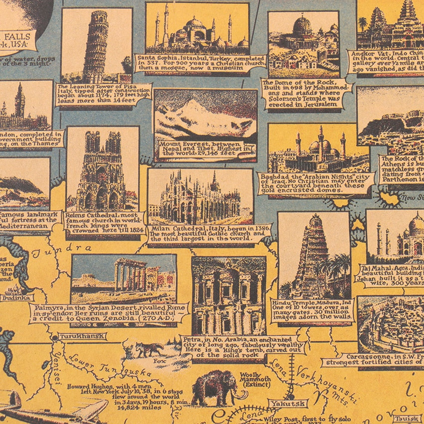 Vintage World Map Landmark Art Poster 68.5x51.5cm by HitMyNeed