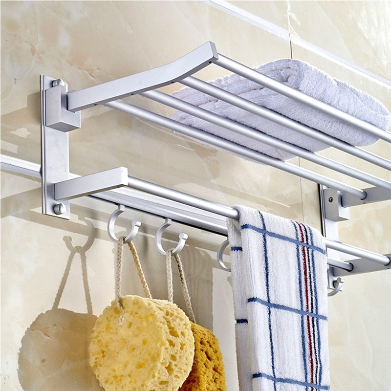 Wall-Mounted Aluminum Towel Rack Shelf with Hooks by HitMyNeed