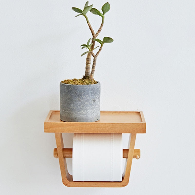 Wall-Mounted Beech Wood Toilet Roll Holder Shelf by HitMyNeed