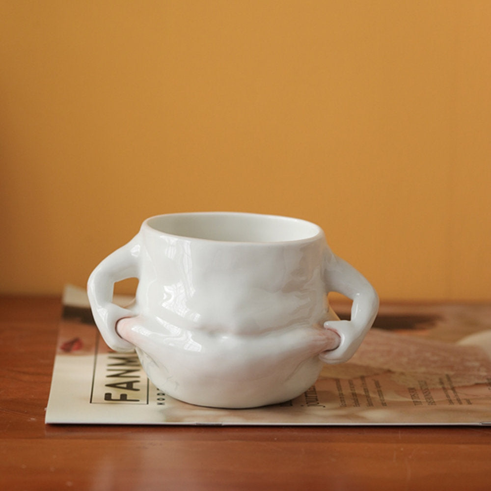White Ceramic Fat Belly Mug with Ergonomic Grip by HitMyNeed