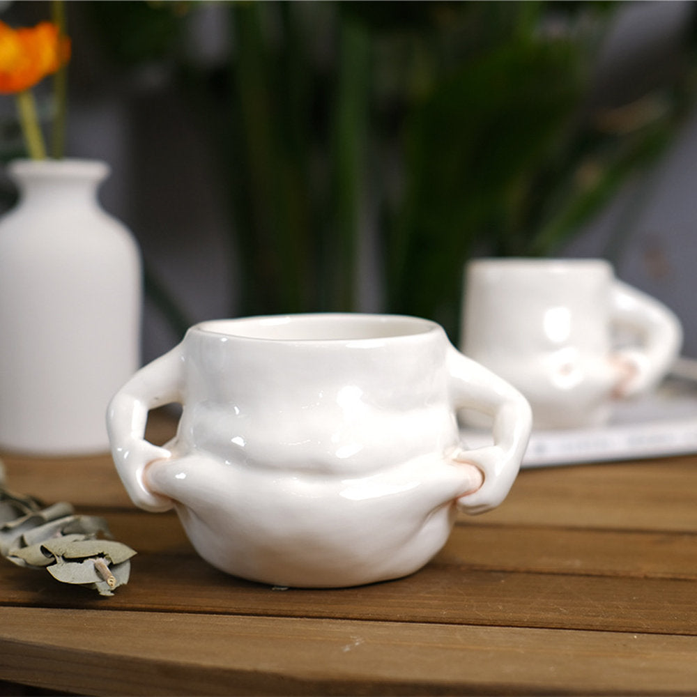 White Ceramic Fat Belly Mug with Ergonomic Grip by HitMyNeed