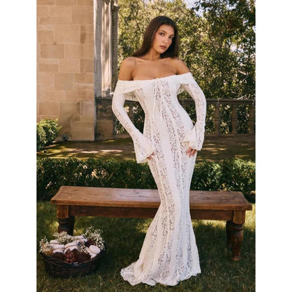 White Floral Lace Off-Shoulder Maxi Party Dress by HitMyNeed