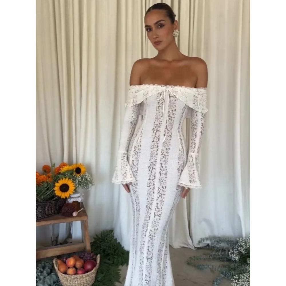White Floral Lace Off-Shoulder Maxi Party Dress by HitMyNeed