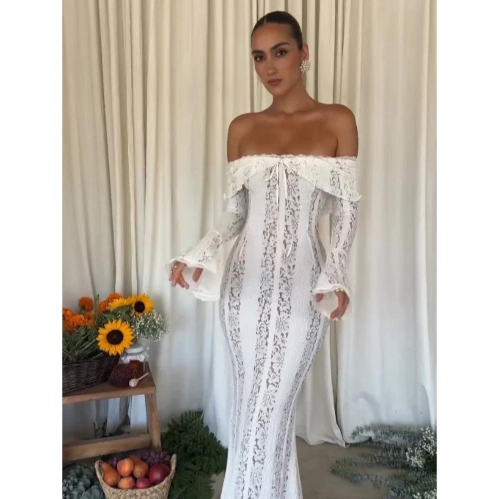 White Floral Lace Off-Shoulder Maxi Party Dress by HitMyNeed