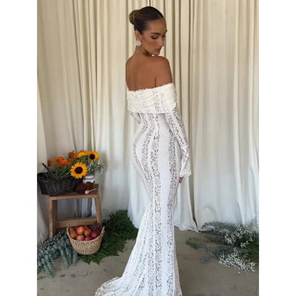 White Floral Lace Off-Shoulder Maxi Party Dress by HitMyNeed