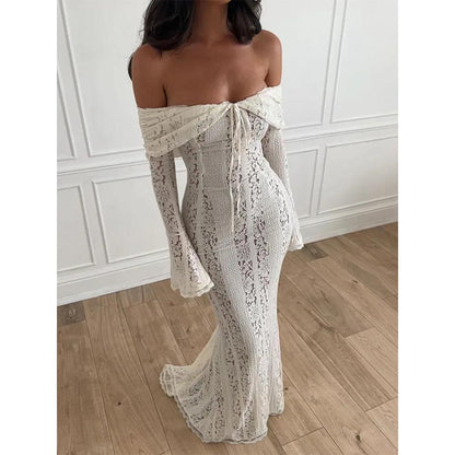White Floral Lace Off-Shoulder Maxi Party Dress by HitMyNeed