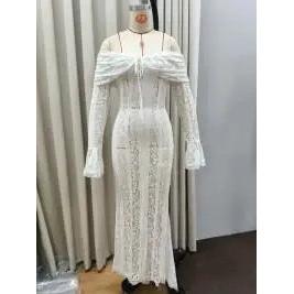 White Floral Lace Off-Shoulder Maxi Party Dress m by HitMyNeed