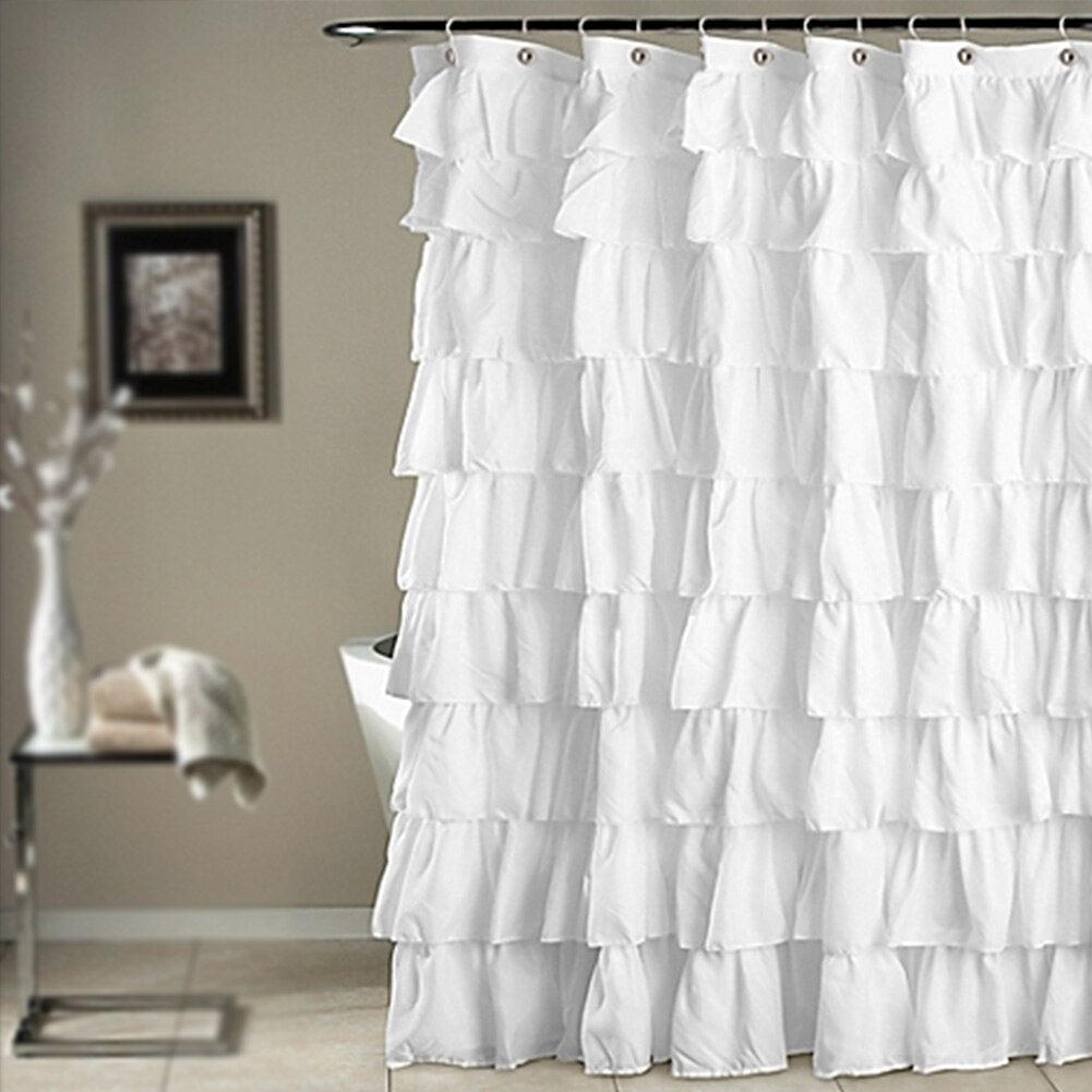White Ruffle Shower Curtain with Hooks 180 x 180 cm by HitMyNeed