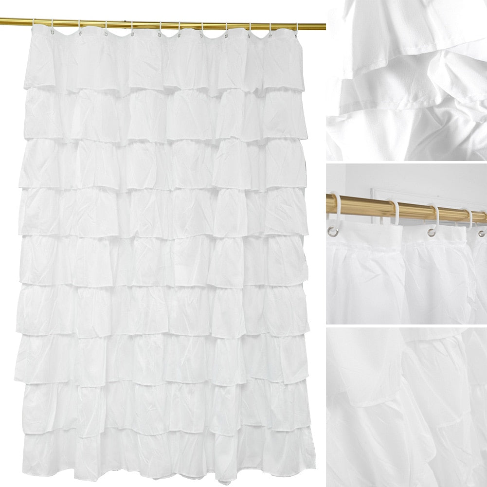 White Ruffle Shower Curtain with Hooks 180 x 180 cm by HitMyNeed