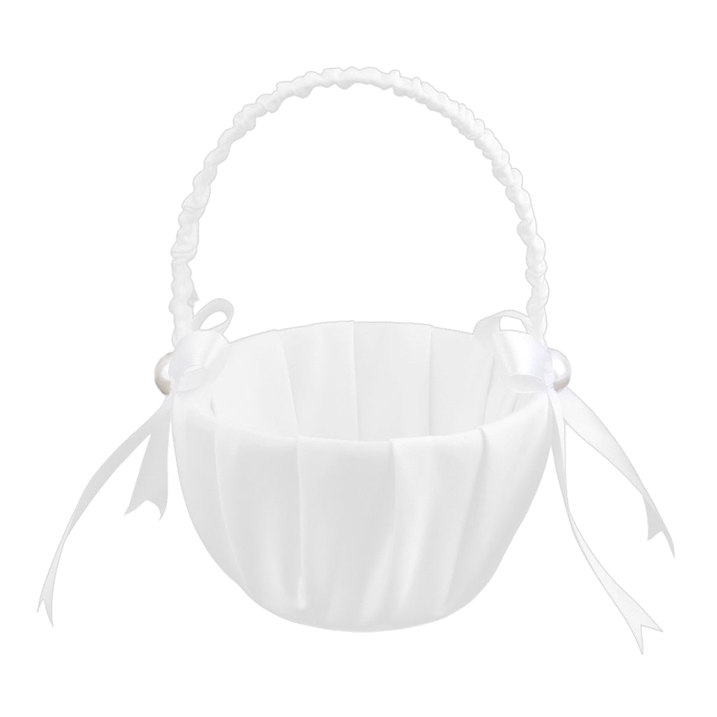 White Satin Flower Girl Basket with Pearls by HitMyNeed