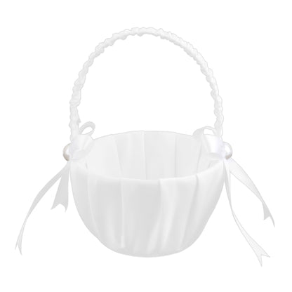 White Satin Flower Girl Basket with Pearls by HitMyNeed