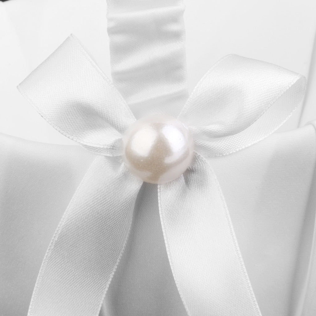 White Satin Flower Girl Basket with Pearls by HitMyNeed