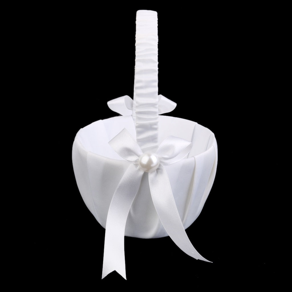 White Satin Flower Girl Basket with Pearls by HitMyNeed