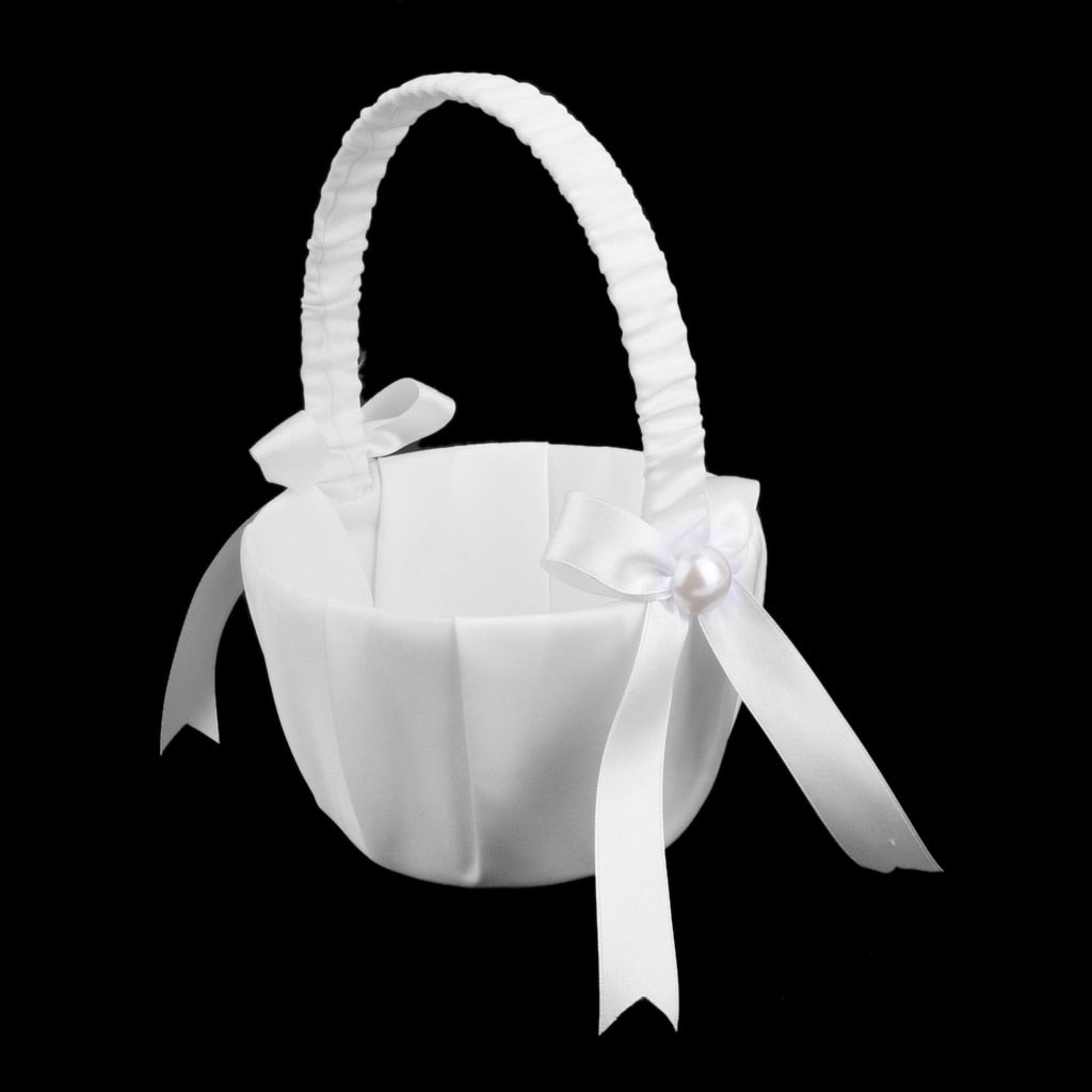 White Satin Flower Girl Basket with Pearls by HitMyNeed