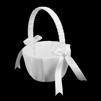 White Satin Flower Girl Basket with Pearls by HitMyNeed