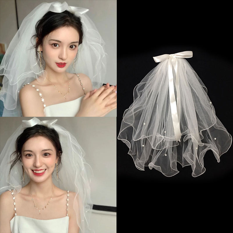 White Tulle Bow Wedding Veil with Pearls, 60cm by HitMyNeed