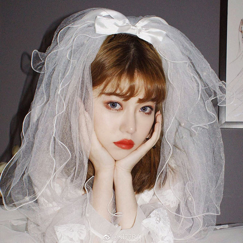 White Tulle Bow Wedding Veil with Pearls, 60cm by HitMyNeed