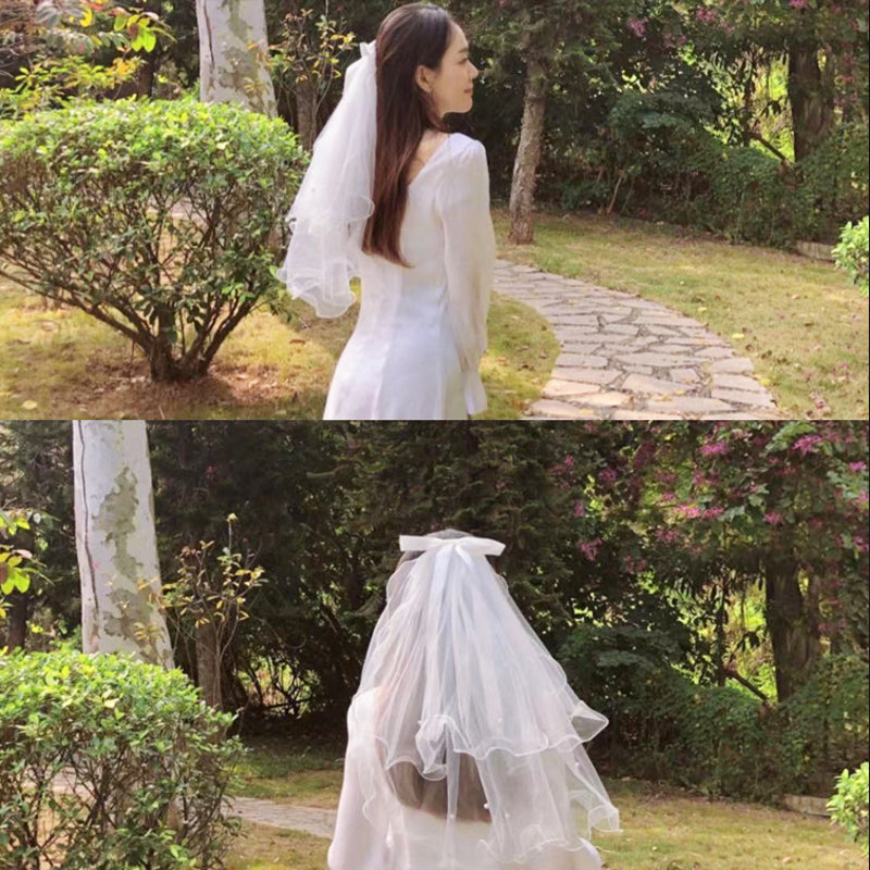 White Tulle Bow Wedding Veil with Pearls, 60cm by HitMyNeed